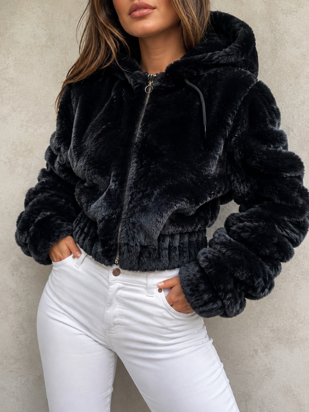 Faux Fur Bomber Jacket Cropped Plush Y2K Winter Coat Luxe Statement Jacket nwot